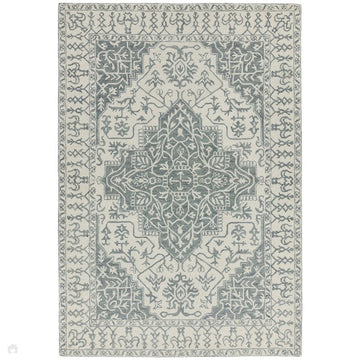 Bronte Traditional Persian Medallion Bordered Hand-Woven Textured Fine Wool Loop Pile Low Profile Short Pile Silver/Grey/Cream Rug-Asiatic Carpets-Rug Love - The Most Loved Rug Store